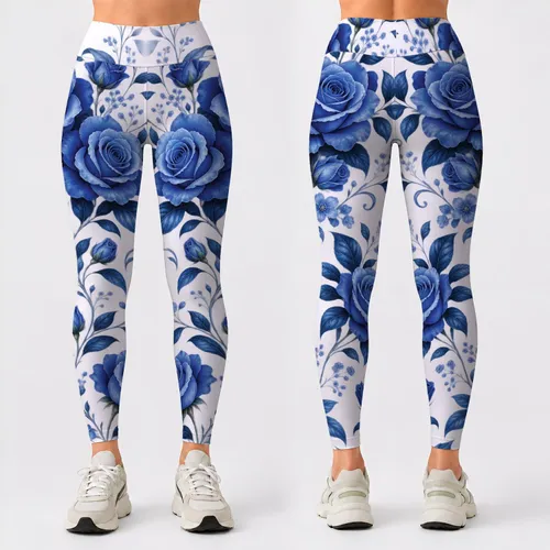 Cobalt Blue Roses on Midnight Black for Elegant Everyday Style and Garden Gatherings Leggings