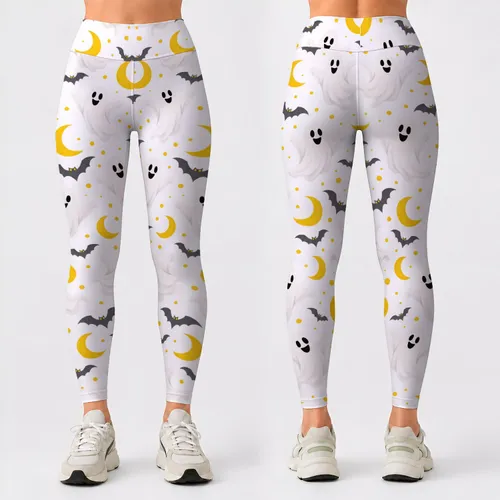 Crescent Moons, Cheerful Ghosts and Bats for Halloween Festivities Leggings