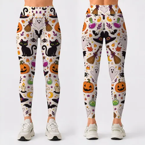 Witch Hats, Pumpkins, Black Cats And Ghosts For Halloween Party Style Leggings