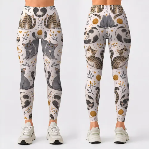 Playful Gray Cat and Yarn Motifs for Yoga, Travel, and Everyday Comfort Leggings