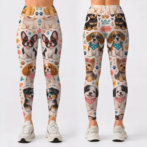 Quirky Puppy Faces With Colorful Spots For Playful Weekend Outings And Dog Lovers Leggings