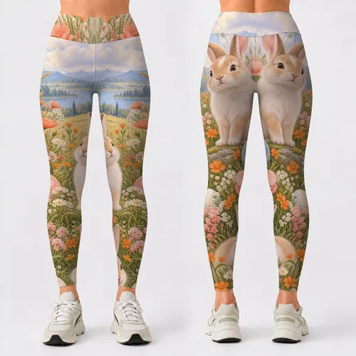 Easter Bunny in Spring Wildflowers and Pastel Skies for Festive Seasonal Celebrations Leggings