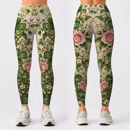 Ivory And Emerald Shamrock Rose Vines For St. Patrick’s Day Festive Celebrations Leggings