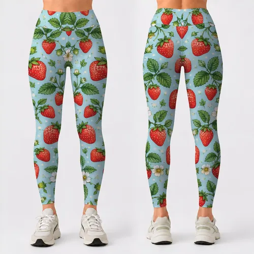 Strawberry And Aqua Botanical Motifs For Yoga Pilates And Everyday Wear Leggings