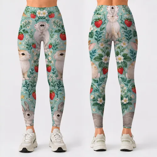 Whimsical Rabbits And Strawberries For Yoga, Pilates And Everyday Outings Leggings