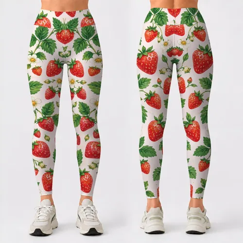 Coral Strawberry And Green Leaf Motifs For Yoga, Pilates And Summer Errands Leggings