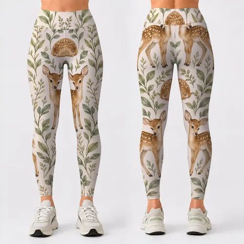 Woodland Fawn and Sage Leaves for Yoga, Pilates, and Everyday Outings Leggings