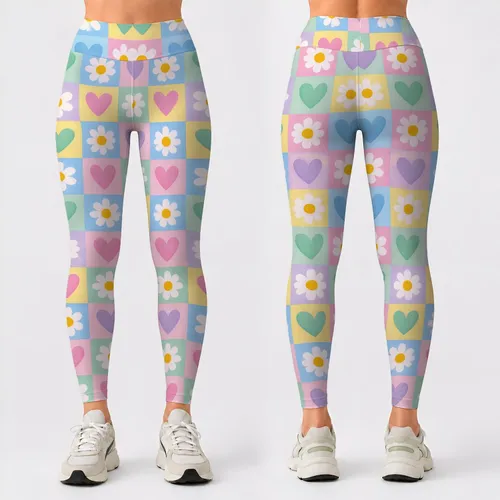 Pastel Daisy Heart Checks for Yoga, Pilates, and Everyday Outings Leggings