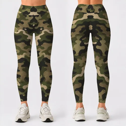 Olive Woodland Camo Motif for Trail Training and Outdoor Fitness, Active Women Athletes Leggings