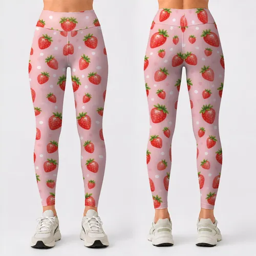 Blush Strawberry and White Dot Motifs for Sweet Summer Fitness and Everyday Activewear Leggings
