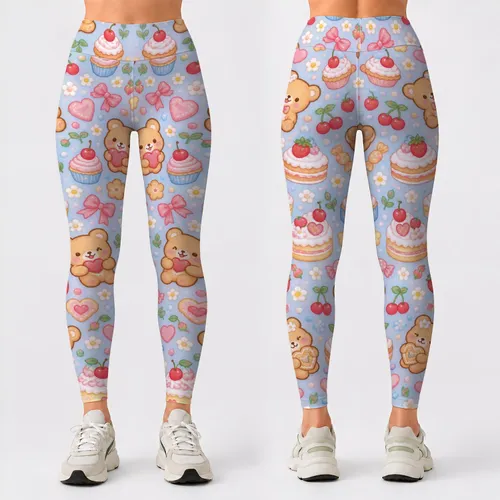 Cute Bear Cookies and Pastel Cakes for Yoga, Pilates, and Cozy Everyday Style Leggings