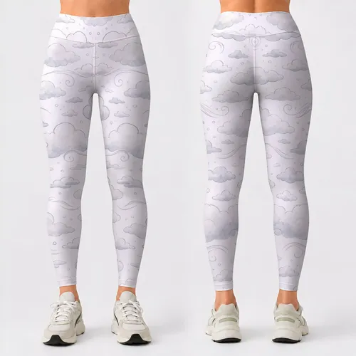 Soft White Cloud Motifs for Calm Studio Days and Everyday Movement Leggings