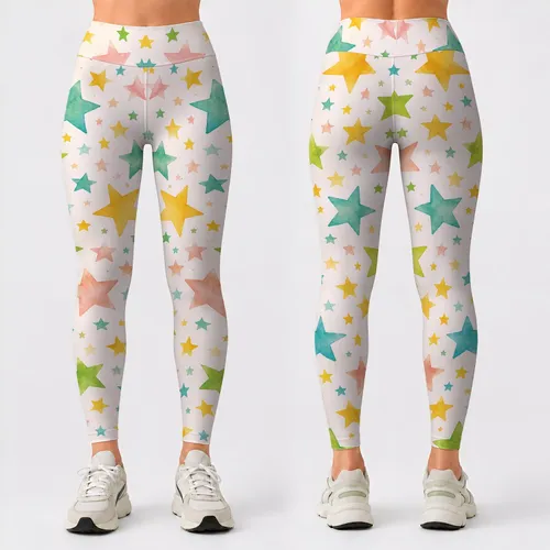 Pastel Star Scatter in Yellow Green and Pink for Yoga and Everyday Style Leggings