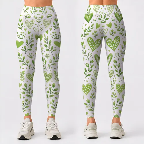 Fresh Green Hearts and Botanical Sprigs for Yoga, Pilates, and Everyday Wellness Leggings