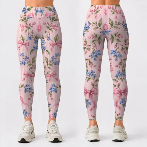 Pink Bow And Blue Wildflower Motifs For Pilates, Gym And Everyday Activewear Style Leggings