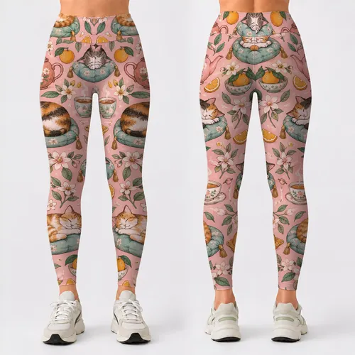 Cozy Sleeping Cats and Tea for Yoga, Pilates, and Relaxed Everyday Living Leggings