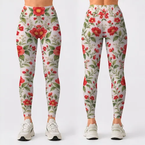 Red Wildflower Sprigs for Yoga, Pilates, Studio Days and Everyday Weekend Outings Leggings