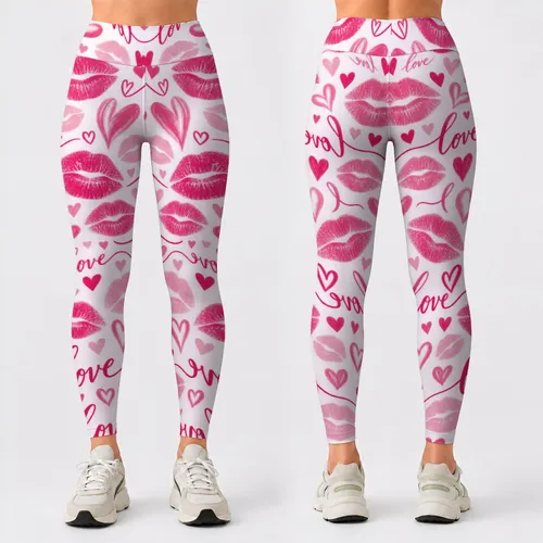 Pink Lipstick Kisses and Love Script for Yoga, Pilates, and Everyday Style Leggings