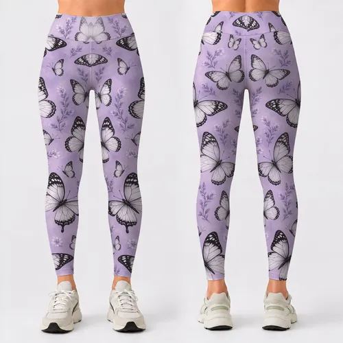 Black And White Butterflies On Lavender For Yoga, Travel And Everyday Wear Leggings