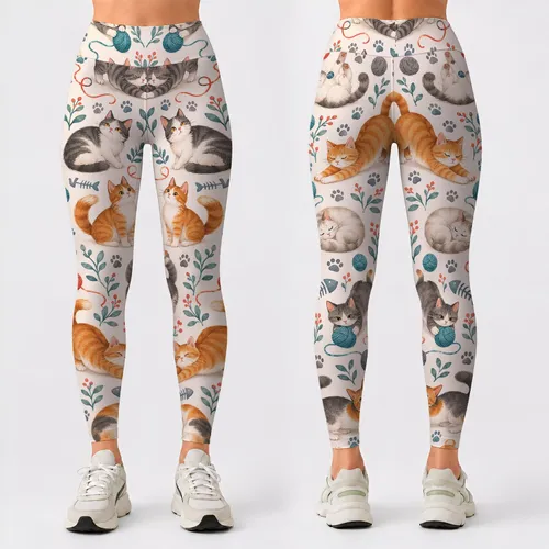 Whimsical Cat And Yarn Motifs For Yoga, Pilates, Travel And Everyday Casual Style Leggings