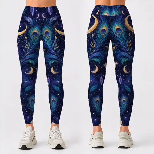Celestial Moons and Peacock Feathers for Yoga, Pilates and Everyday Wear Leggings