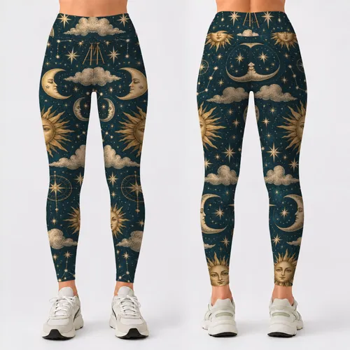 Celestial Sun Moon and Stars for Yoga Sessions and Cosmic Night Sky Style for Women Leggings