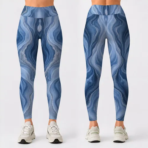 Flowing Blue Organic Textures for Yoga Pilates and Everyday Movement Leggings
