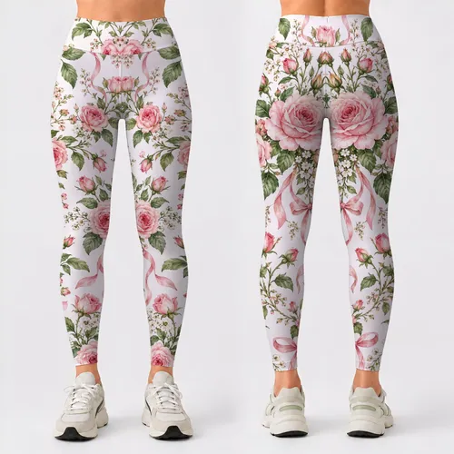 Soft Pink Rose and Bow Florals for Yoga, Pilates and Everyday Wear for Active Women Leggings