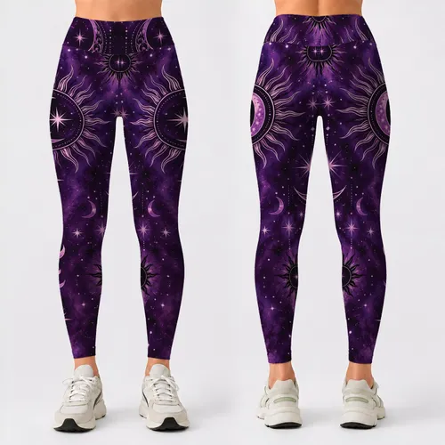 Celestial Sun Moon And Star Motifs For Yoga, Running And Everyday Outdoor Adventure Leggings