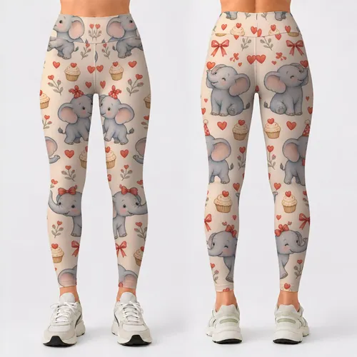 Blue Elephant Party With Hearts And Cupcakes For Playful Everyday Style Leggings