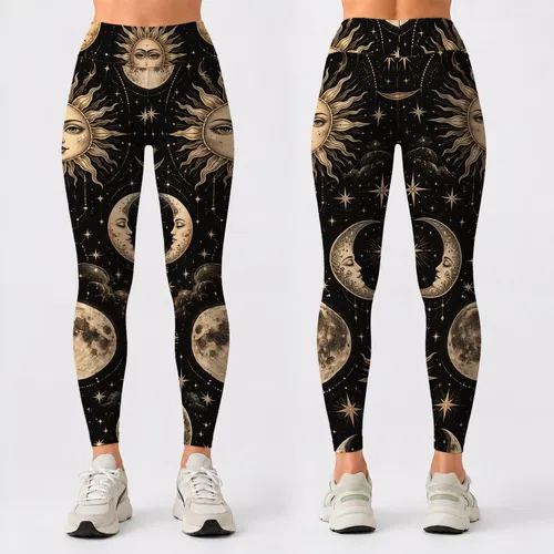 Vintage Celestial Sun Moon And Stars Motif For Yoga, Fitness, And Everyday Wear Style Leggings