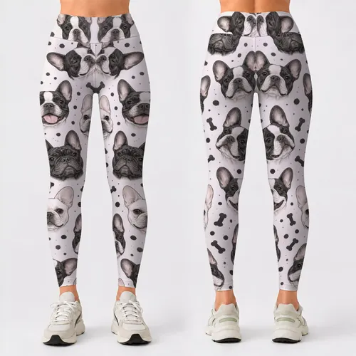 French Bulldog Faces And Bones For Playful Yoga, Pilates And Casual City Outings Daily Leggings
