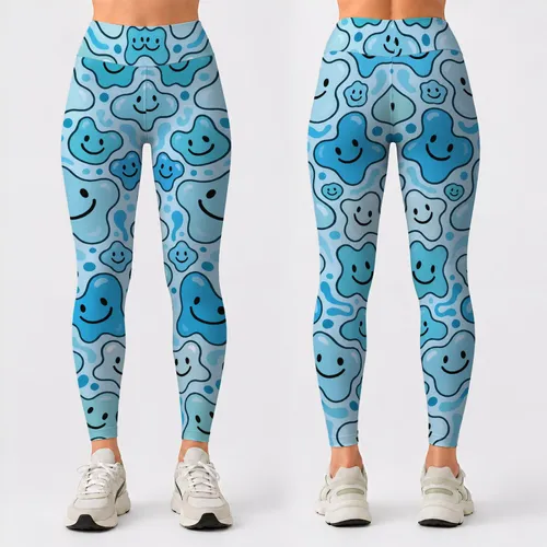 Aqua Blue Smiley Faces for Yoga, Pilates, Gym Days, and Everyday Outings Leggings