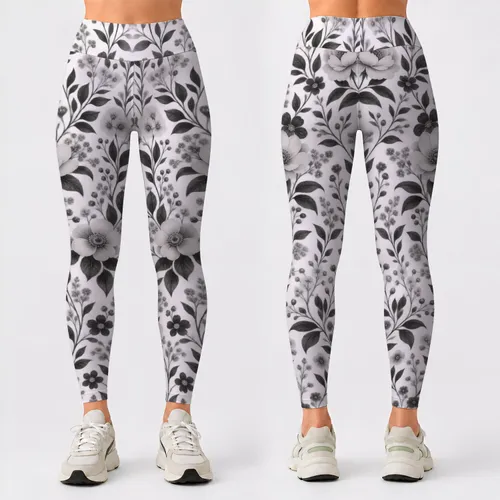 Monochrome Wildflower Sprigs for Yoga, Pilates, and Everyday Active Lifestyle Wear Leggings