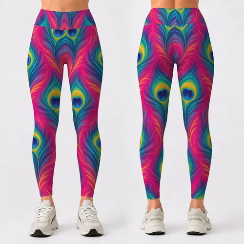 Vibrant Peacock Feather Motifs for Yoga, Pilates, and Everyday Colorful Lifestyle Leggings