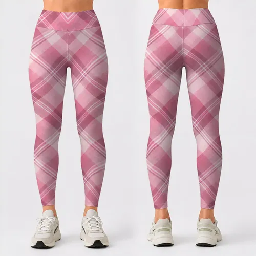 Blush Pink Tartan Checks for Yoga Pilates and Everyday Casual Style Leggings