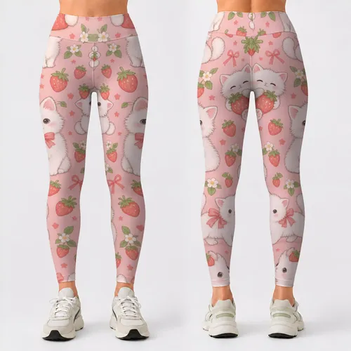 Blush Kitty and Strawberry Motifs for Yoga, Pilates, and Everyday Casual Style and Outings Leggings