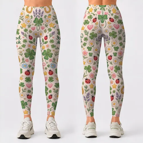Cute Lucky Clover And Colorful Charm Motifs For Cheerful Everyday Wellness Days Women Leggings