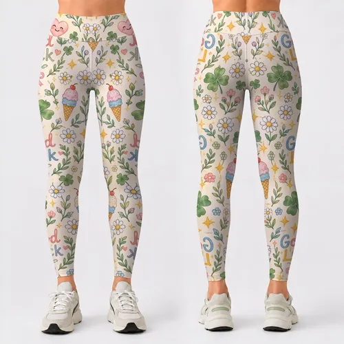 Cute Clover, Daisy and Ice Cream Motifs for Everyday Good Fortune and Cheerful Style Leggings