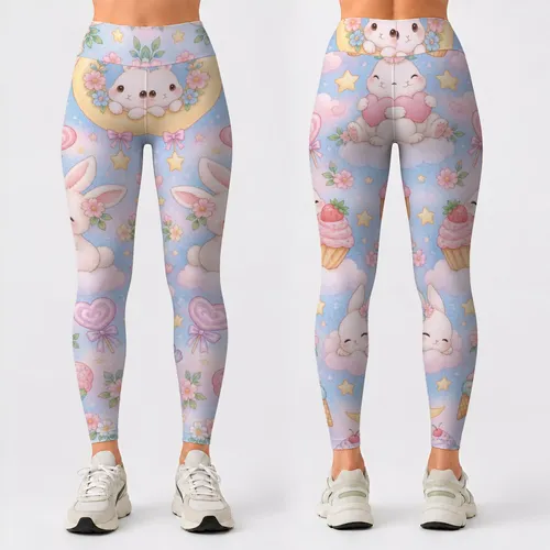Pastel Bunny Companions and Sweet Treats for Pilates, Running and Everyday Wear Leggings