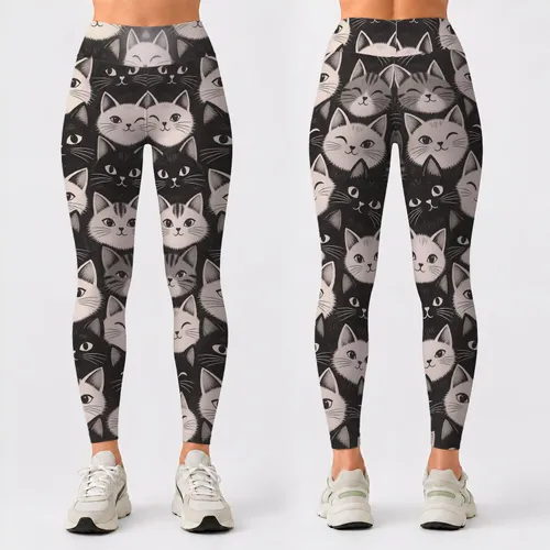 Monochrome Cat Faces for Yoga, Pilates, Everyday Citywear and Commuting for Cat Lovers Leggings