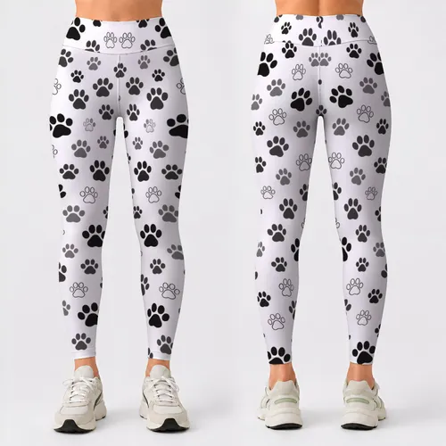 Black Gray Paw Prints for Yoga Pilates Jogging and Everyday Pet Lover Style Leggings