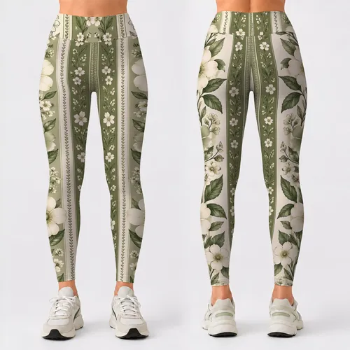 Sage Green Floral Stripes for Yoga, Pilates and Everyday Outings Leggings