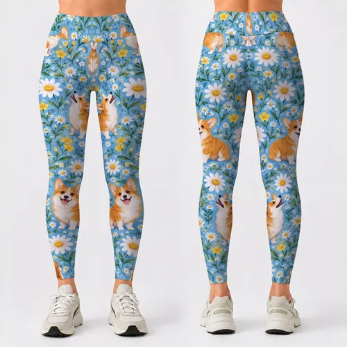 Corgi and Daisy Garden Motifs for Cheerful Everyday Training, Gifts for Dog Lovers Leggings