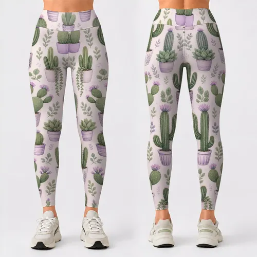 Whimsical Green And Lavender Cacti For Sunny Casual Days And Desert-Loving Women Leggings
