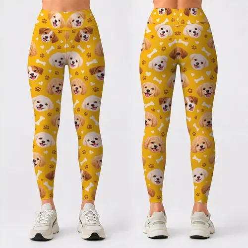 Golden Yellow Puppy Faces And Bone Motifs For Playful Everyday Fitness And Dog Lovers Leggings