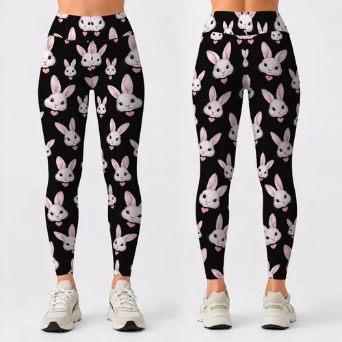 Playful White Bunny Faces with Pink Hearts for Cozy Casual Days and Springtime Outings Leggings