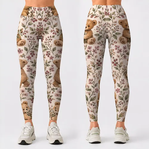 Woodland Teddy Bears And Botanical Sprigs For Cozy Walks And Everyday Activewear Style Leggings