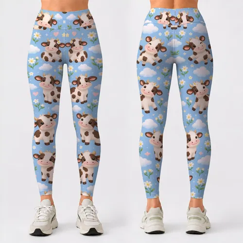 Pastel Cow Faces and Wildflowers for Cheerful Everyday Activewear and Cow Lovers Leggings