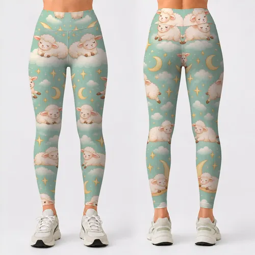 Mint Sheep And Crescent Moons For Cozy Nighttime Fitness And Whimsical Everyday Style Leggings